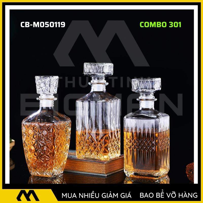 3 chai thủy tinh đựng rượu, bộ 3 Vỏ chai rượu ngoại mẫu C3-1
