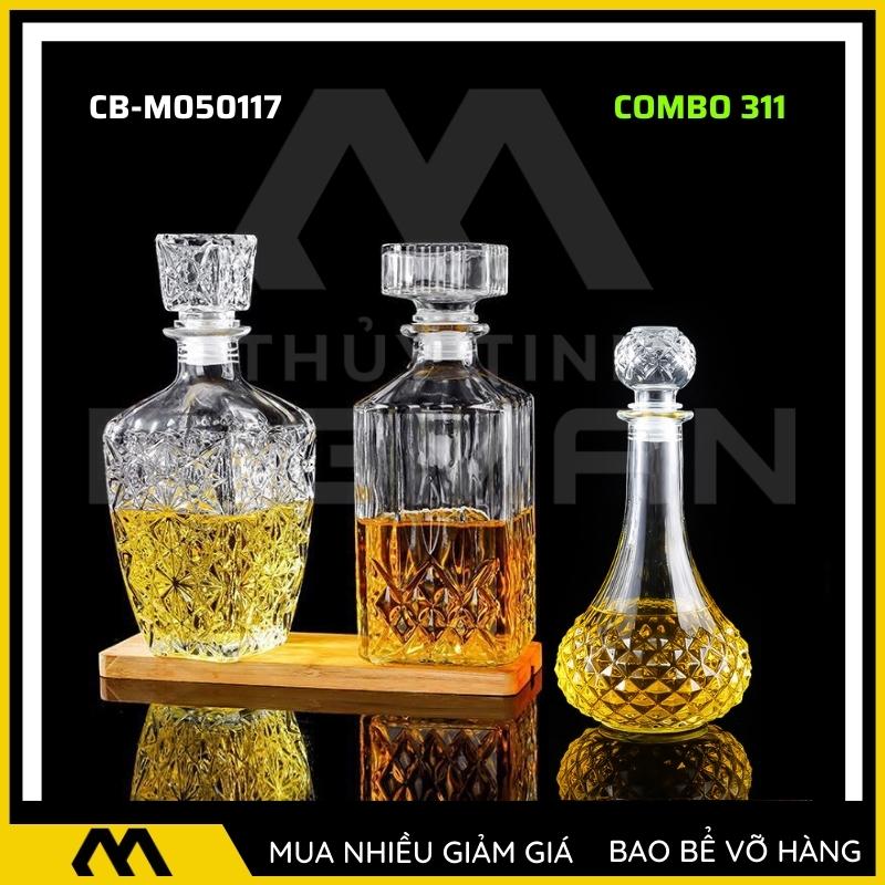 3 chai thủy tinh đựng rượu, bộ 3 Vỏ chai rượu ngoại mẫu C3-11
