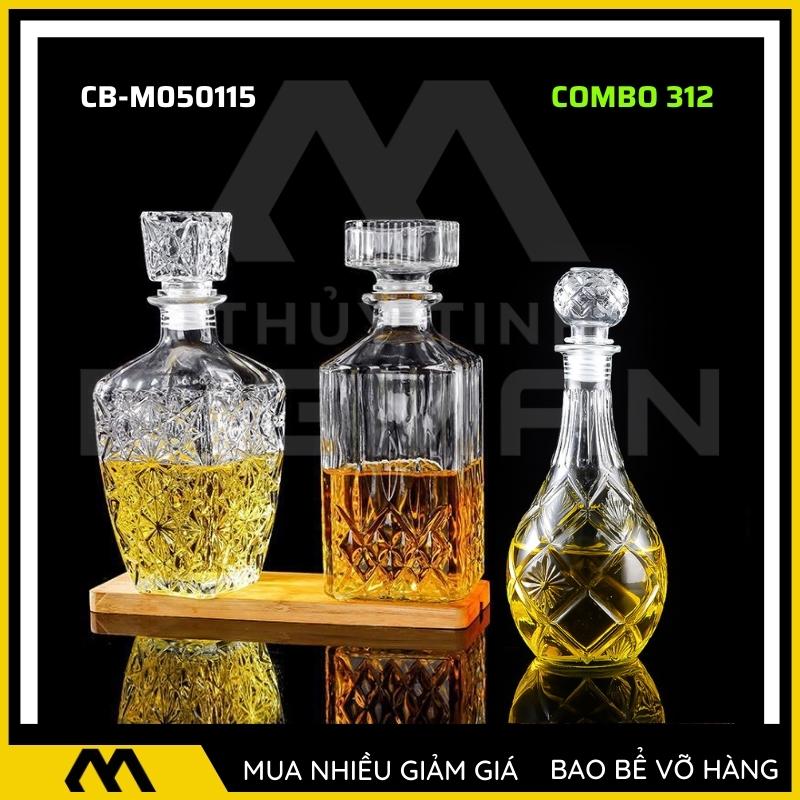 3 chai thủy tinh đựng rượu, bộ 3 Vỏ chai rượu ngoại mẫu C3-12