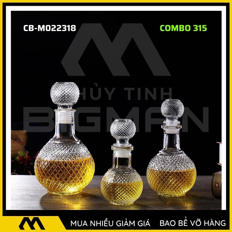 3 chai thủy tinh đựng rượu, bộ 3 Vỏ chai rượu ngoại mẫu C3-15
