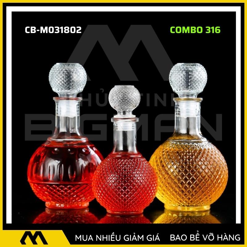 3 chai thủy tinh đựng rượu, bộ 3 Vỏ chai rượu ngoại mẫu C3-16
