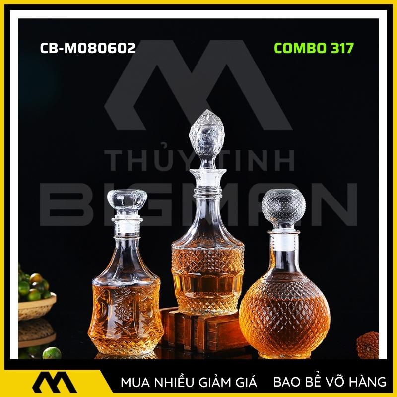 3 chai thủy tinh đựng rượu, bộ 3 Vỏ chai rượu ngoại mẫu C3-17