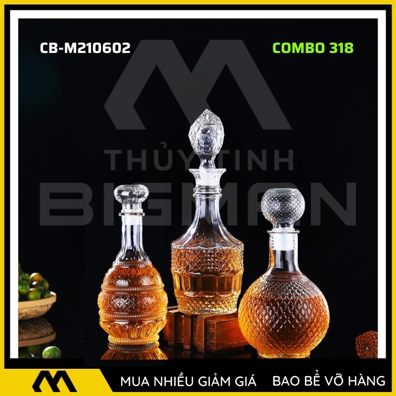 3 chai thủy tinh đựng rượu, bộ 3 Vỏ chai rượu ngoại mẫu C3-18