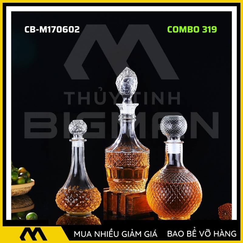 3 chai thủy tinh đựng rượu, bộ 3 Vỏ chai rượu ngoại mẫu C3-19