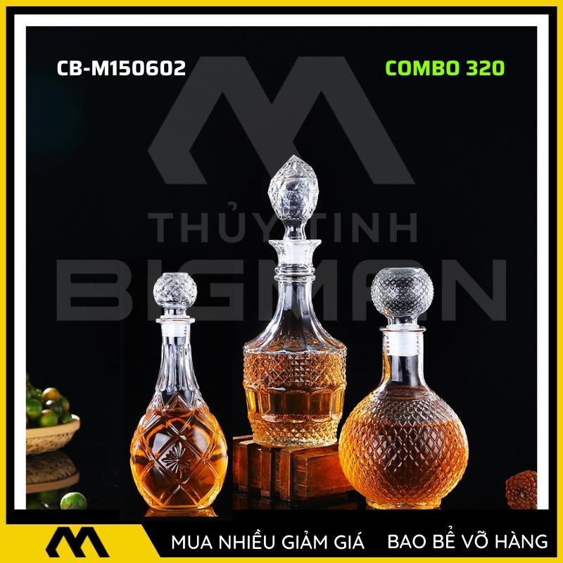 3 chai thủy tinh đựng rượu, bộ 3 Vỏ chai rượu ngoại mẫu C3-20