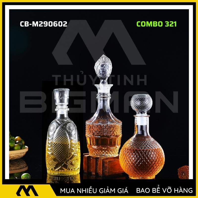 3 chai thủy tinh đựng rượu, bộ 3 Vỏ chai rượu ngoại mẫu C3-21