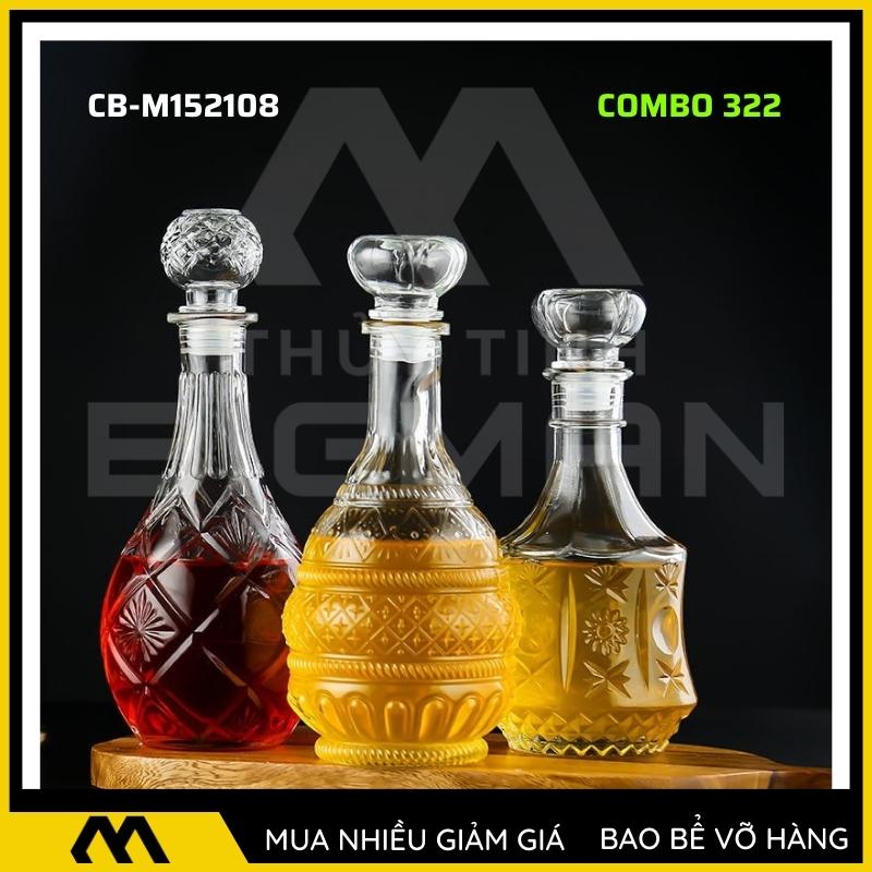 3 chai thủy tinh đựng rượu, bộ 3 Vỏ chai rượu ngoại mẫu C3-22