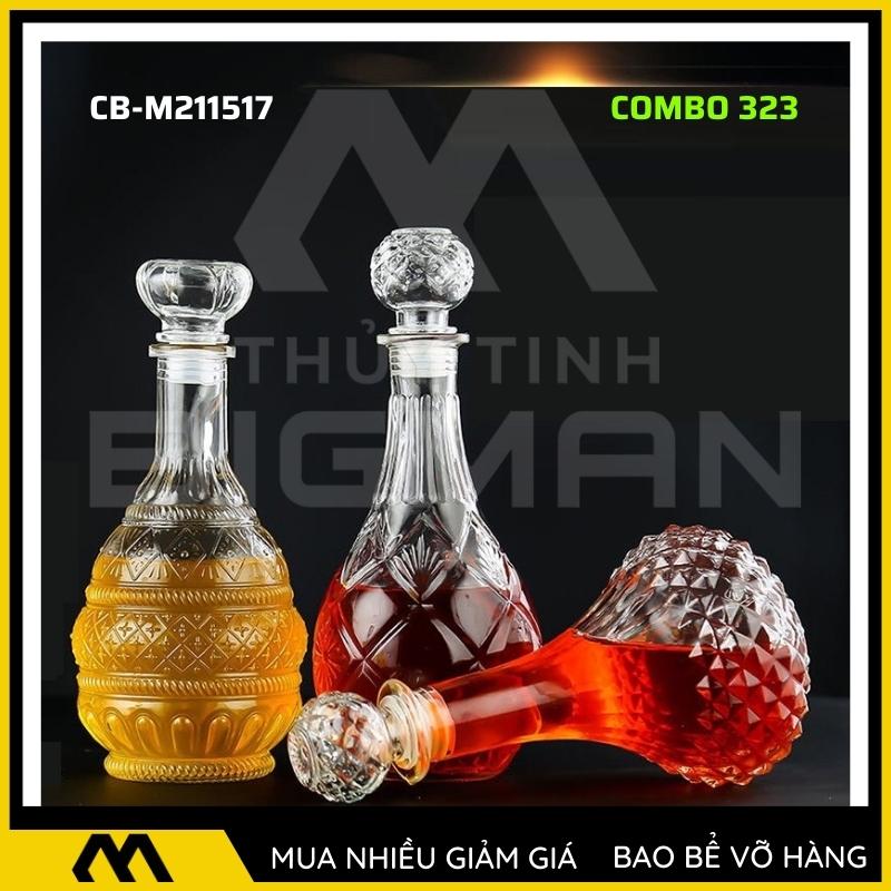 3 chai thủy tinh đựng rượu, bộ 3 Vỏ chai rượu ngoại mẫu C3-23