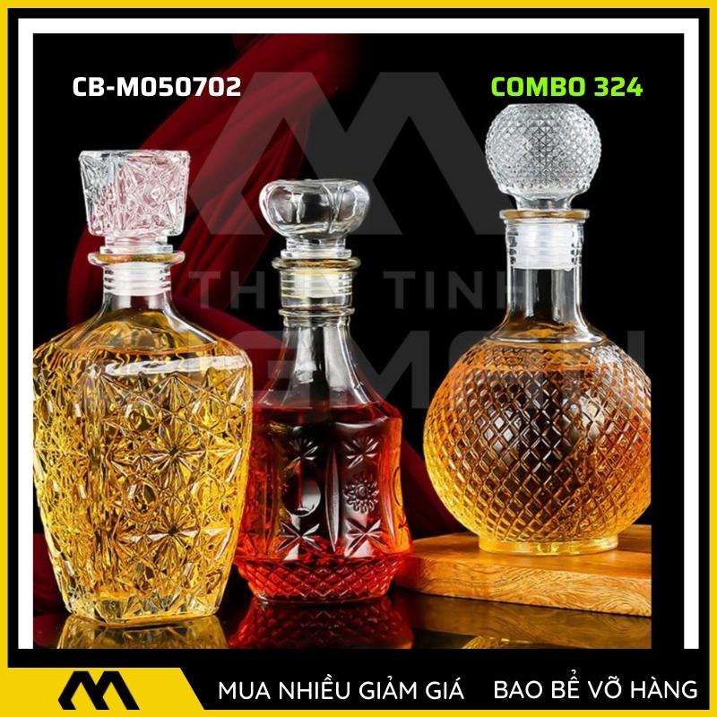 3 chai thủy tinh đựng rượu, bộ 3 Vỏ chai rượu ngoại mẫu C3-24