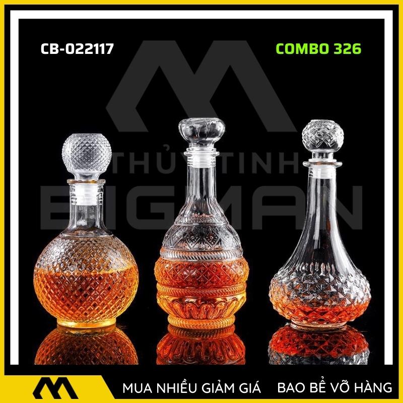 3 chai thủy tinh đựng rượu, bộ 3 Vỏ chai rượu ngoại mẫu C3-26