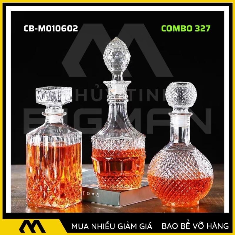 3 chai thủy tinh đựng rượu, bộ 3 Vỏ chai rượu ngoại mẫu C3-27