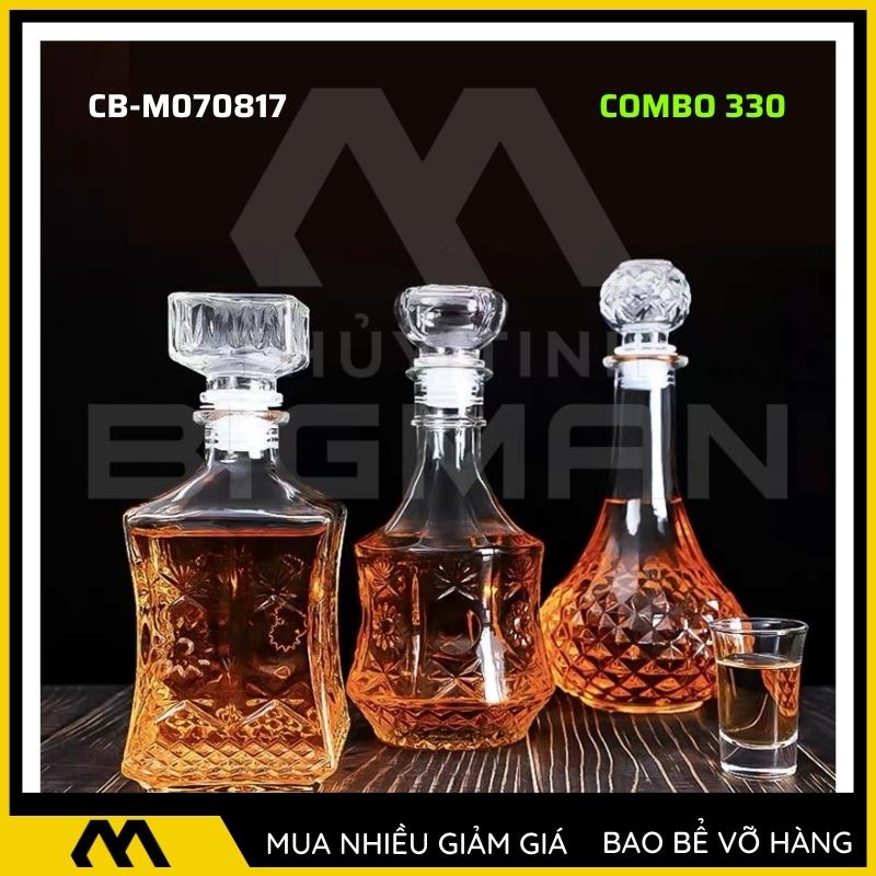 3 chai thủy tinh đựng rượu, bộ 3 Vỏ chai rượu ngoại mẫu C3-30