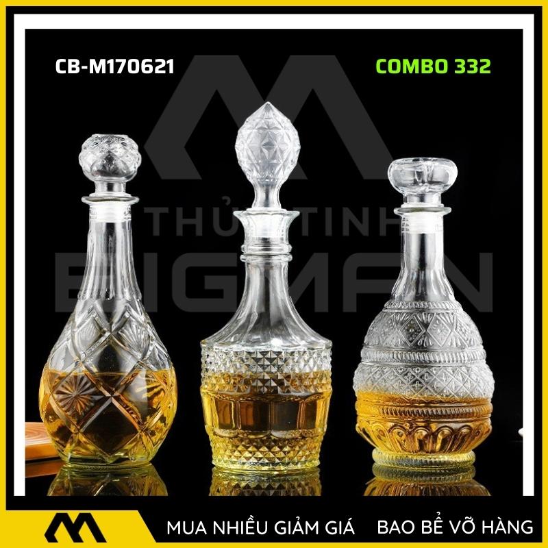 3 chai thủy tinh đựng rượu, bộ 3 Vỏ chai rượu ngoại mẫu C3-32