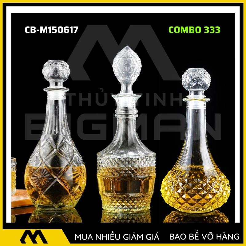 3 chai thủy tinh đựng rượu, bộ 3 Vỏ chai rượu ngoại mẫu C3-33