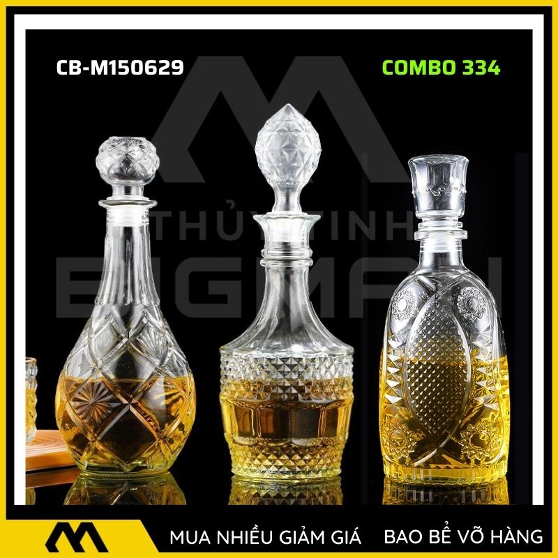 3 chai thủy tinh đựng rượu, bộ 3 Vỏ chai rượu ngoại mẫu C3-34