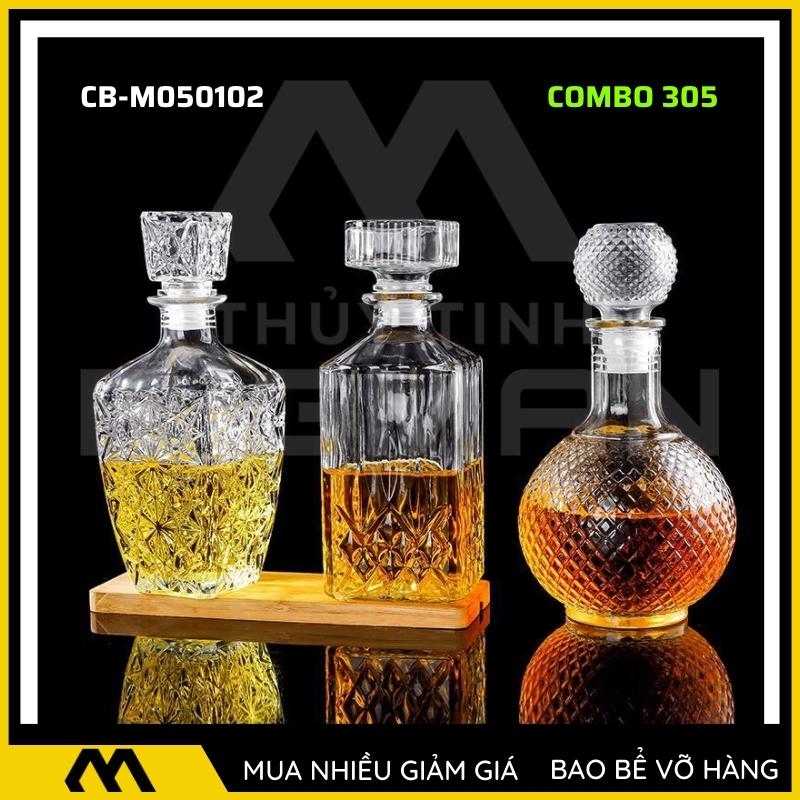 3 chai thủy tinh đựng rượu, bộ 3 Vỏ chai rượu ngoại mẫu C3-5