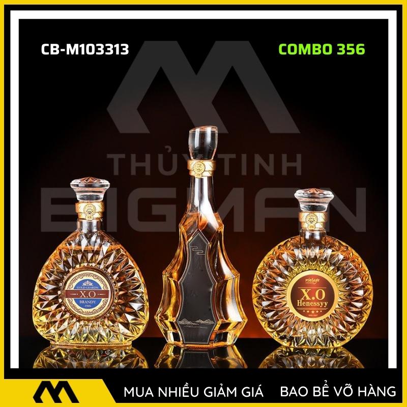 3 chai thủy tinh đựng rượu, bộ 3 Vỏ chai rượu ngoại mẫu C3-56