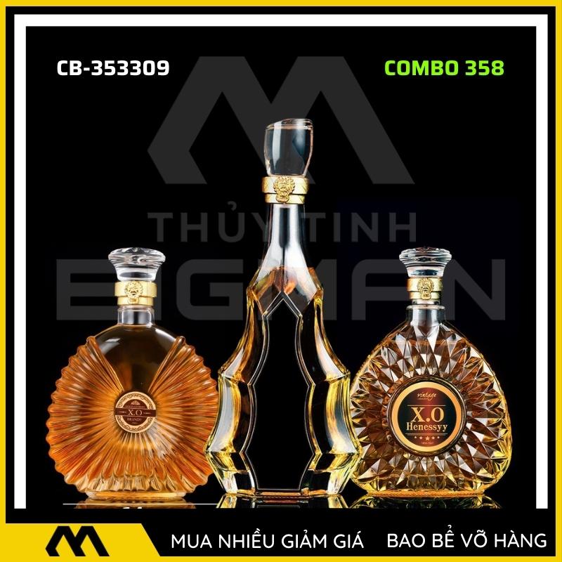 3 chai thủy tinh đựng rượu, bộ 3 Vỏ chai rượu ngoại mẫu C3-58
