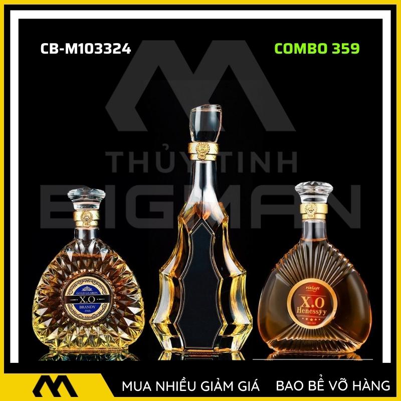 3 chai thủy tinh đựng rượu, bộ 3 Vỏ chai rượu ngoại mẫu C3-59