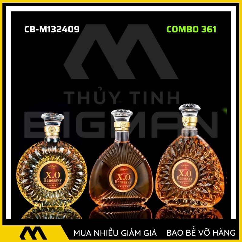 3 chai thủy tinh đựng rượu, bộ 3 Vỏ chai rượu ngoại mẫu C3-61
