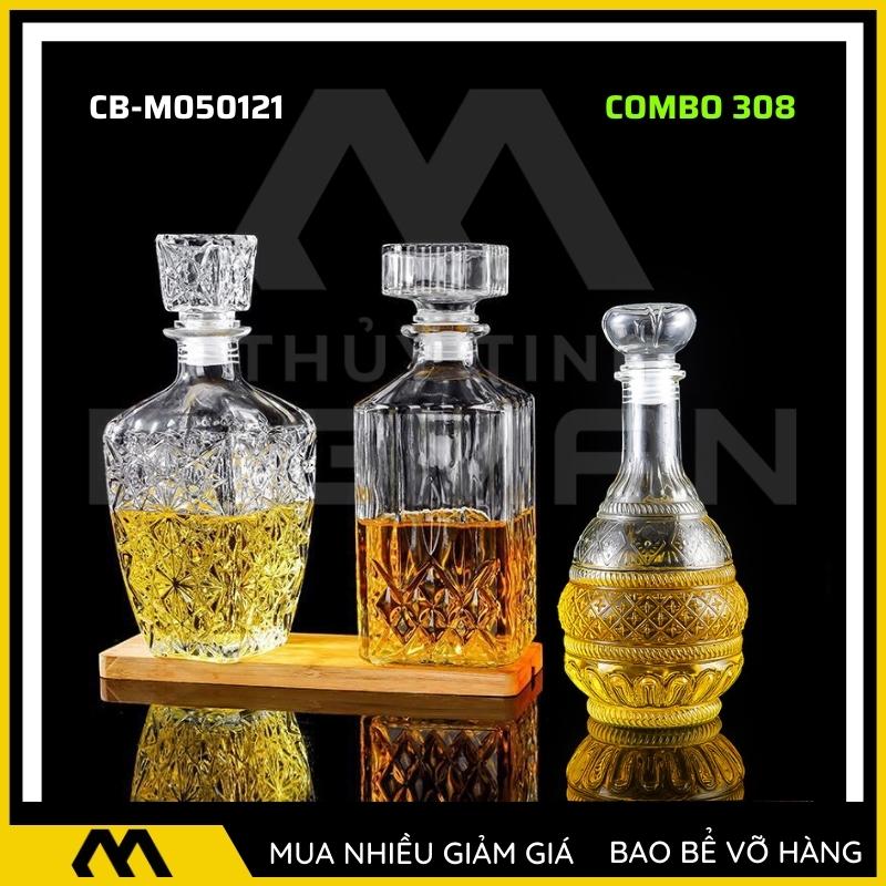 3 chai thủy tinh đựng rượu, bộ 3 Vỏ chai rượu ngoại mẫu C3-8