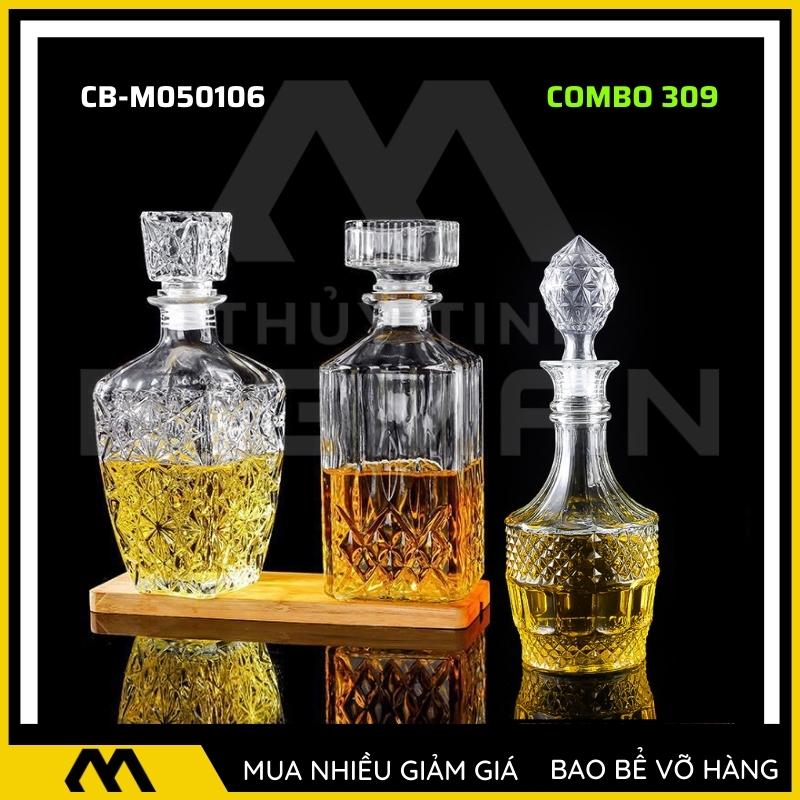 3 chai thủy tinh đựng rượu, bộ 3 Vỏ chai rượu ngoại mẫu C3-9