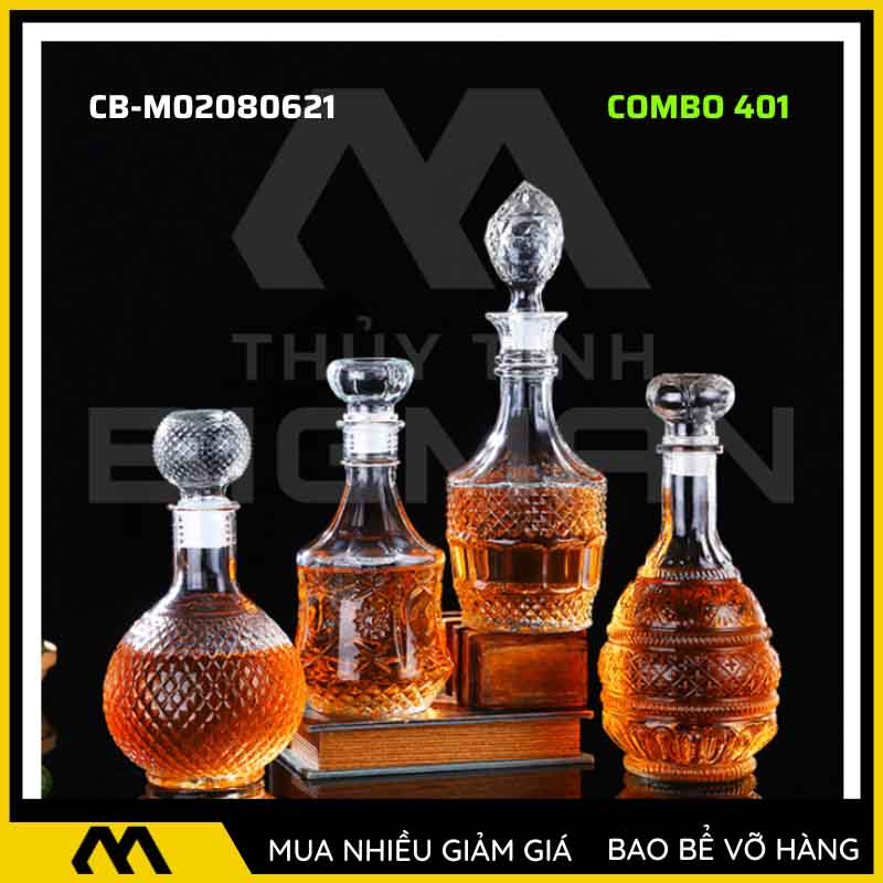 4 vỏ chai rượu đẹp, bộ 4 chai thủy tinh đựng rượu 500ml 750ml 4C-1