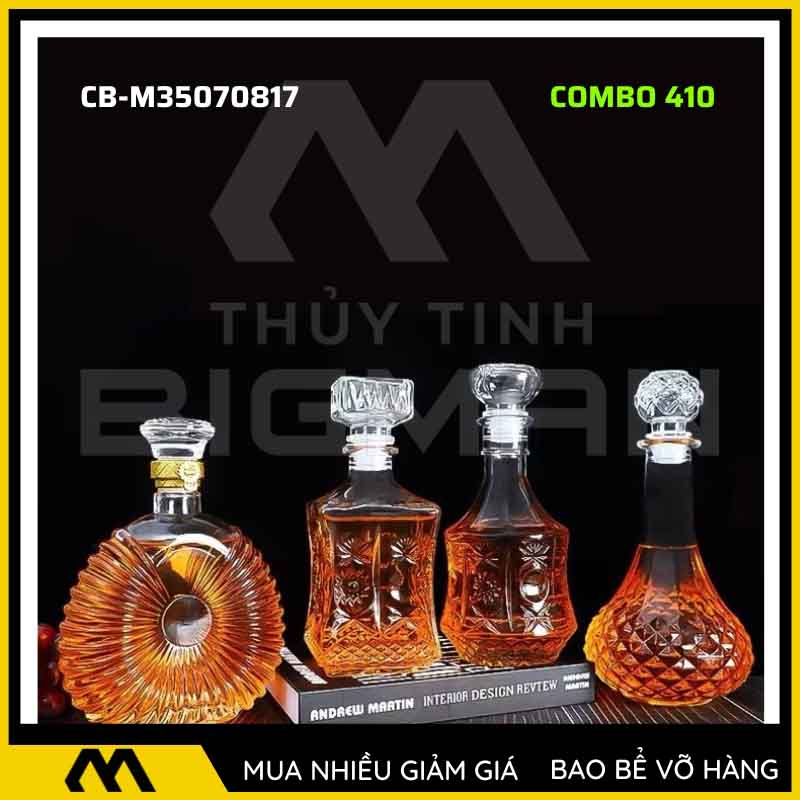 4 vỏ chai rượu đẹp, bộ 4 chai thủy tinh đựng rượu 500ml 750ml 4C-10