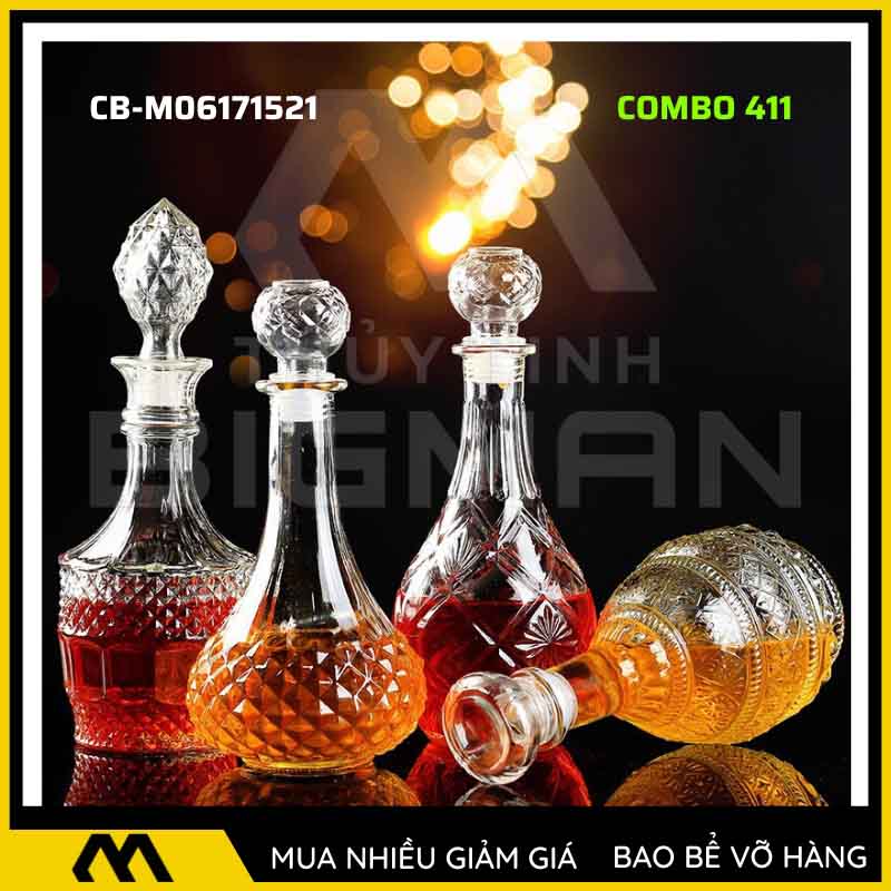 4 vỏ chai rượu đẹp, bộ 4 chai thủy tinh đựng rượu 500ml 750ml 4C-11