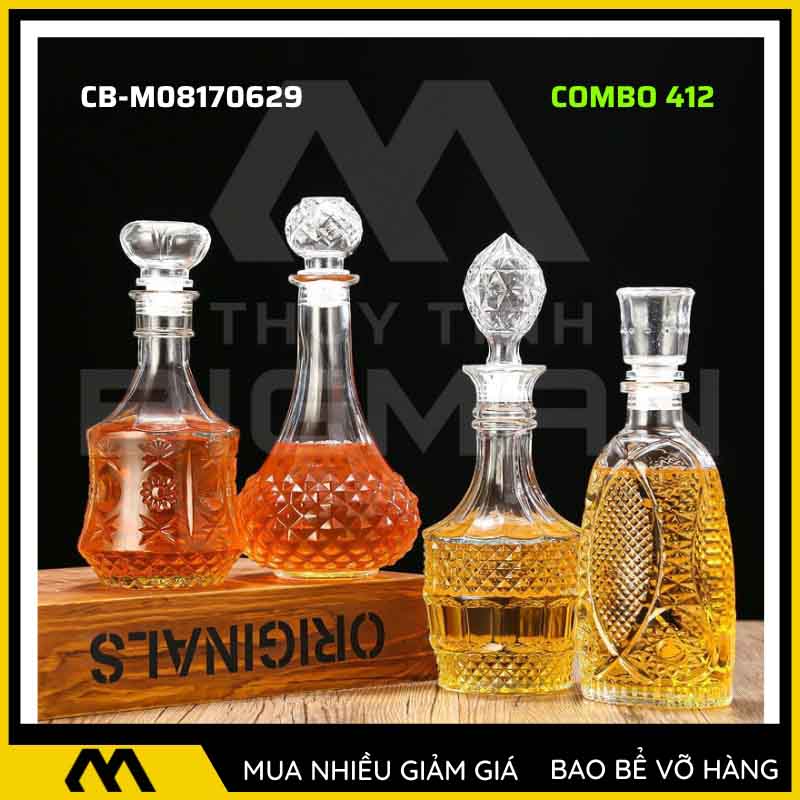4 vỏ chai rượu đẹp, bộ 4 chai thủy tinh đựng rượu 500ml 750ml 4C-12