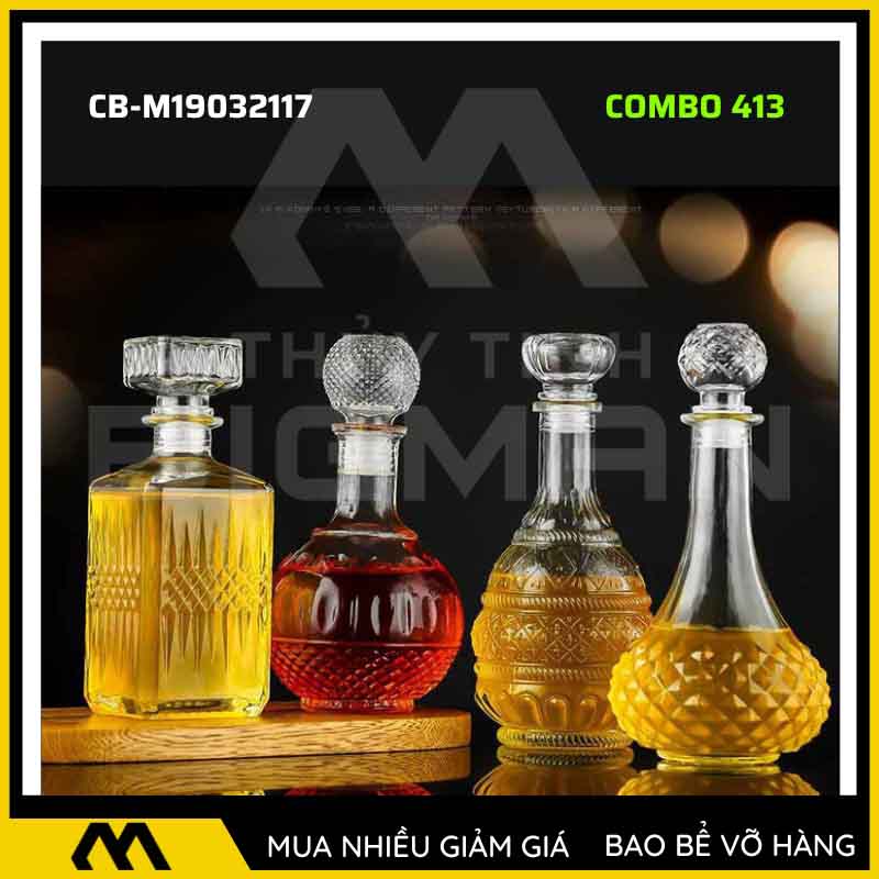 4 vỏ chai rượu đẹp, bộ 4 chai thủy tinh đựng rượu 500ml 750ml 4C-13