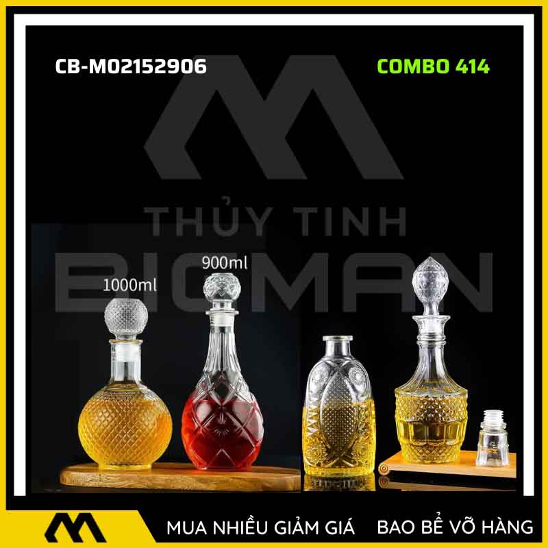 4 vỏ chai rượu đẹp, bộ 4 chai thủy tinh đựng rượu 500ml 750ml 4C-14