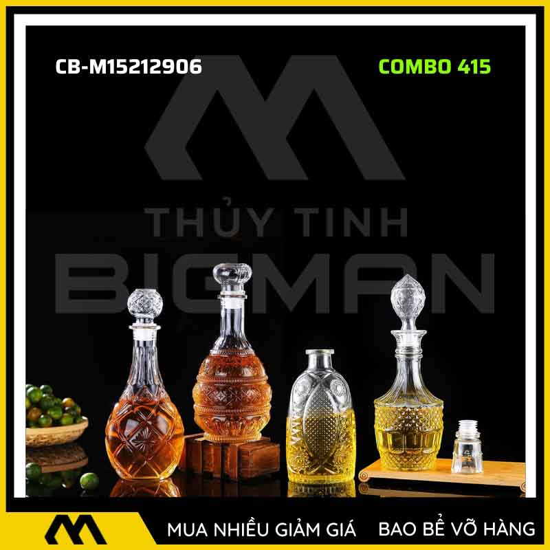4 vỏ chai rượu đẹp, bộ 4 chai thủy tinh đựng rượu 500ml 750ml 4C-15