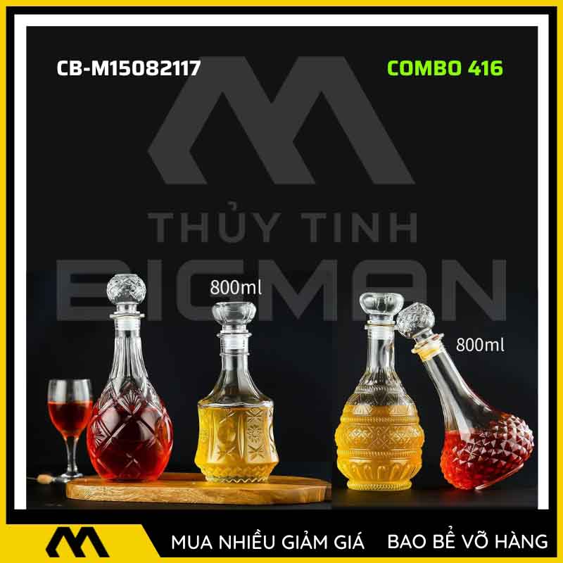 4 vỏ chai rượu đẹp, bộ 4 chai thủy tinh đựng rượu 500ml 750ml 4C-16