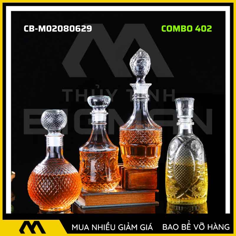 4 vỏ chai rượu đẹp, bộ 4 chai thủy tinh đựng rượu 500ml 750ml 4C-2