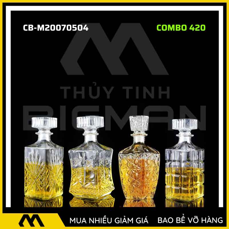 4 vỏ chai rượu đẹp, bộ 4 chai thủy tinh đựng rượu 500ml 750ml 4C-20