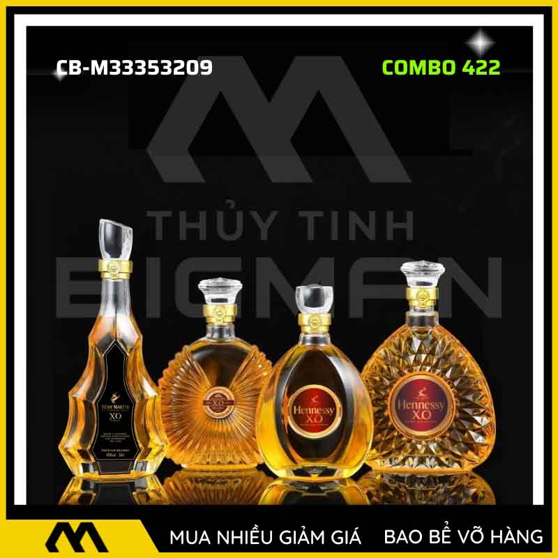 4 vỏ chai rượu đẹp, bộ 4 chai thủy tinh đựng rượu 500ml 750ml 4C-22