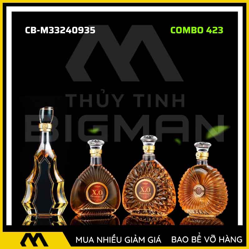 4 vỏ chai rượu đẹp, bộ 4 chai thủy tinh đựng rượu 500ml 750ml 4C-23