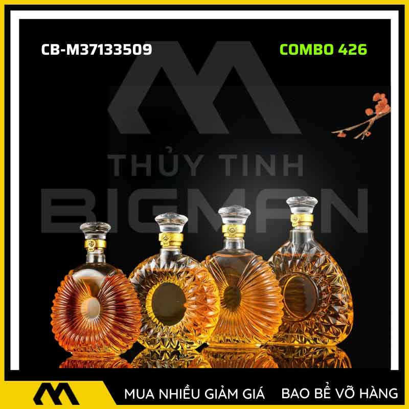 4 vỏ chai rượu đẹp, bộ 4 chai thủy tinh đựng rượu 500ml 750ml 4C-26