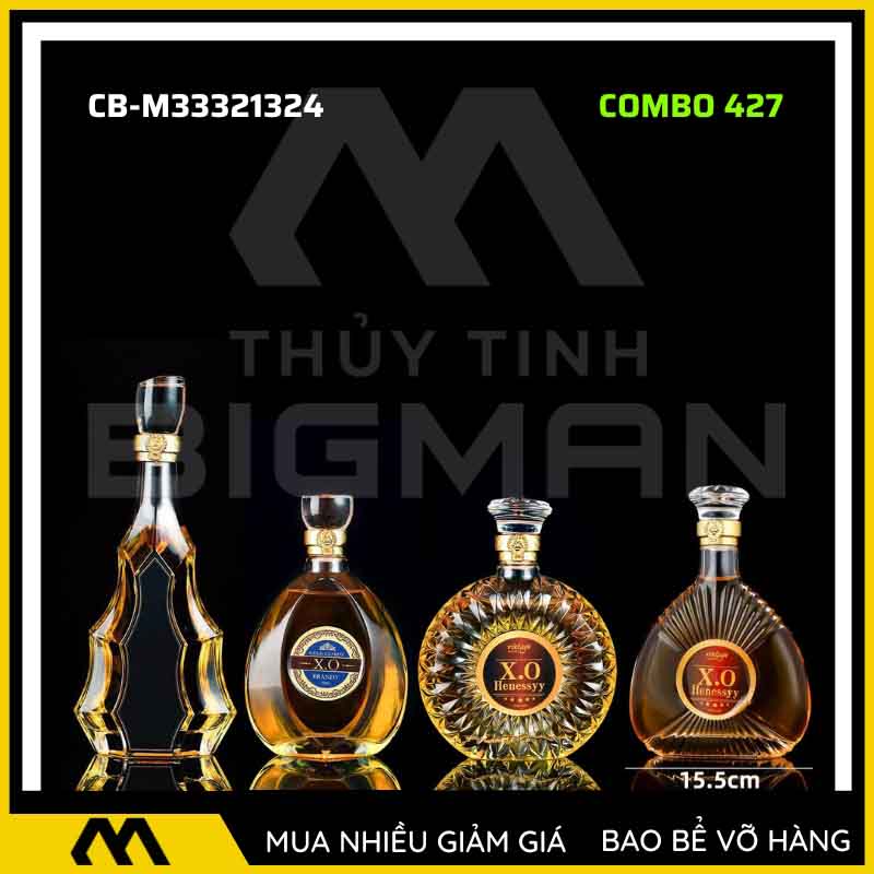 4 vỏ chai rượu đẹp, bộ 4 chai thủy tinh đựng rượu 500ml 750ml 4C-27