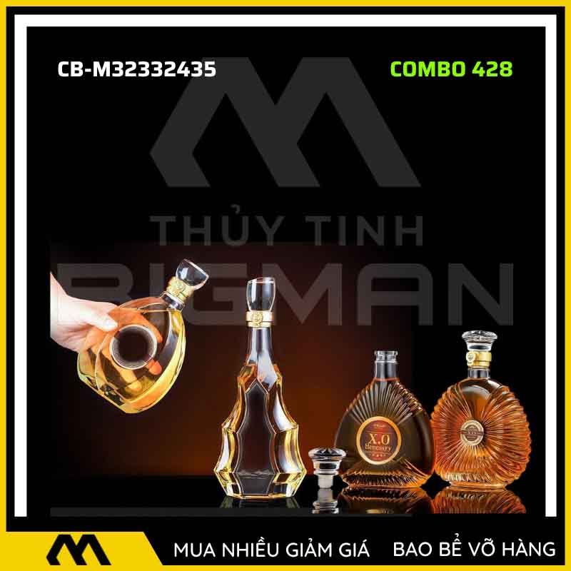 4 vỏ chai rượu đẹp, bộ 4 chai thủy tinh đựng rượu 500ml 750ml 4C-28