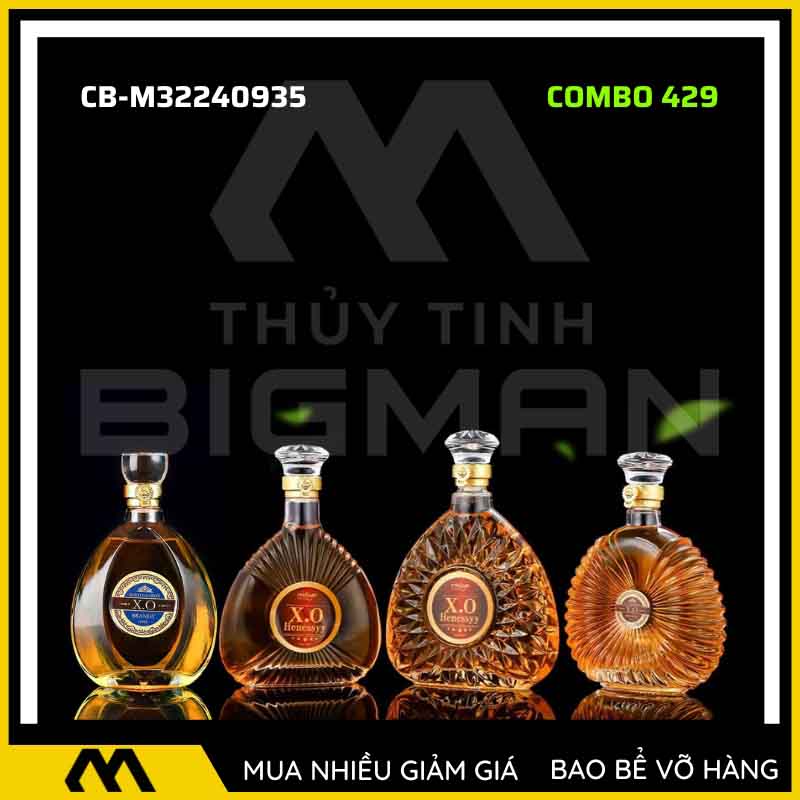 4 vỏ chai rượu đẹp, bộ 4 chai thủy tinh đựng rượu 500ml 750ml 4C-29