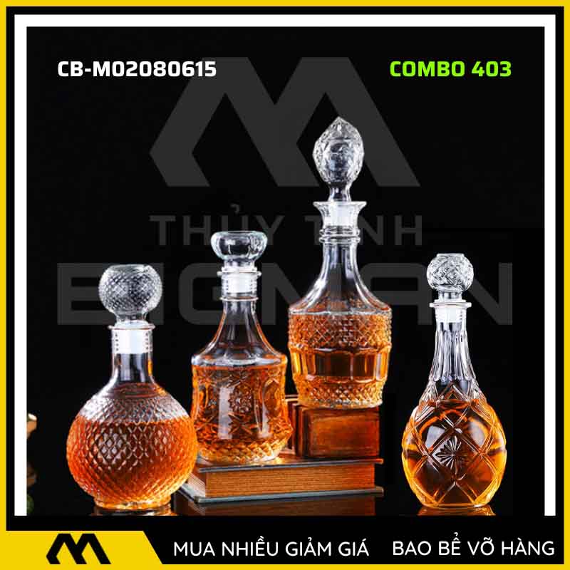 4 vỏ chai rượu đẹp, bộ 4 chai thủy tinh đựng rượu 500ml 750ml 4C-3
