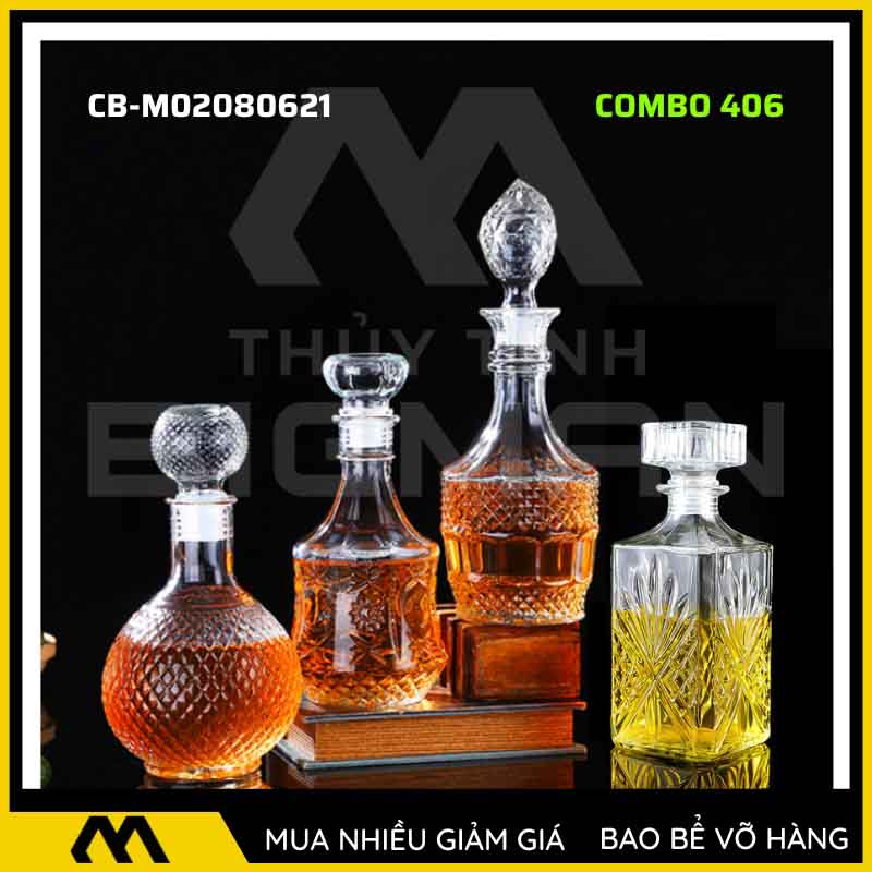 4 vỏ chai rượu đẹp, bộ 4 chai thủy tinh đựng rượu 500ml 750ml 4C-6