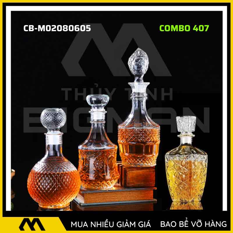 4 vỏ chai rượu đẹp, bộ 4 chai thủy tinh đựng rượu 500ml 750ml 4C-7
