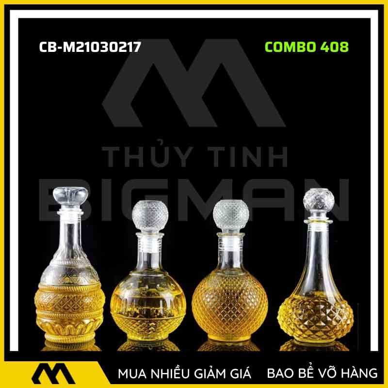 4 vỏ chai rượu đẹp, bộ 4 chai thủy tinh đựng rượu 500ml 750ml 4C-8