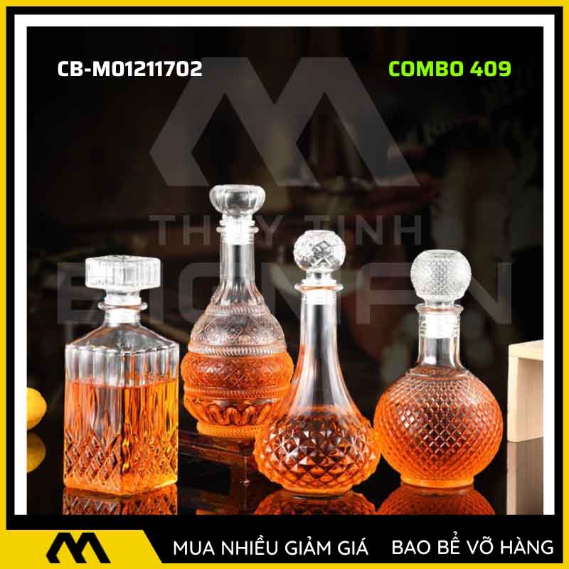 4 vỏ chai rượu đẹp, bộ 4 chai thủy tinh đựng rượu 500ml 750ml 4C-9